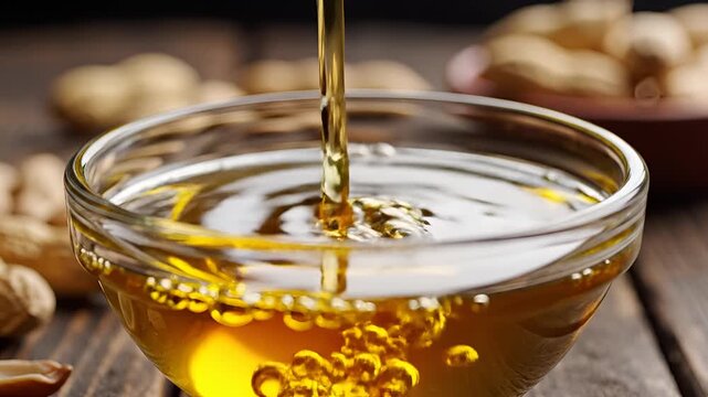 Pouring Golden Peanut Oil into a Glass Bowl with Peanuts Background.