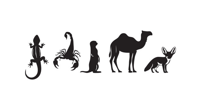 Desert animal silhouette collection containing lizard scorpion meerkat camel and fennec fox in black graphic style.