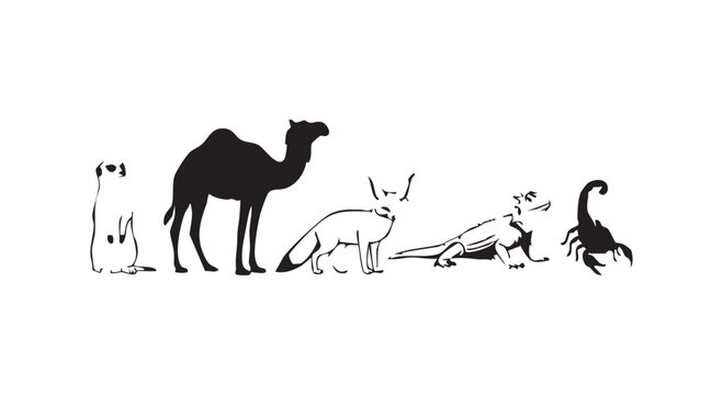 Desert animals silhouette set camel meerkat fennec fox lizard scorpion isolated on white background wild nature theme.