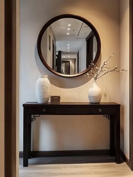 A dark wood console table with decorative elements and decor