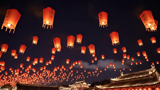 Thousands of Chinese Lanterns Illuminate the Night Sky During a Festival.