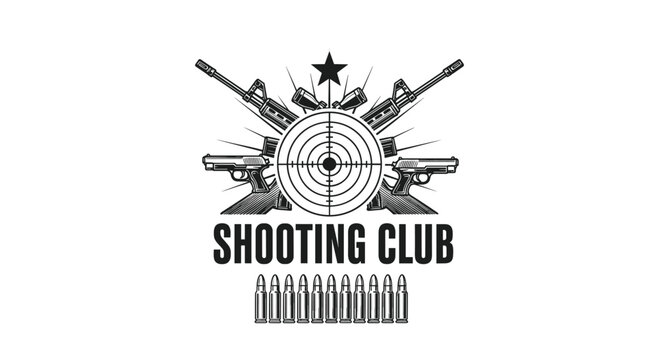 Professional shooting club emblem featuring crossed rifles, handguns, a target, bullets, and bold typography for sports branding.