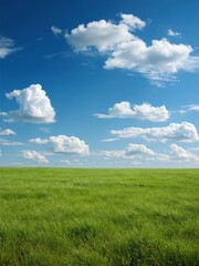 Obraz premium Vast Green Meadow Under a Bright Blue Sky Filled with Fluffy White Clouds
