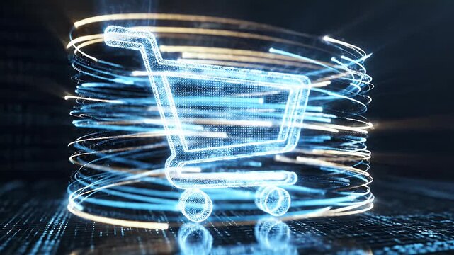 Glowing digital shopping cart streams through binary code background
