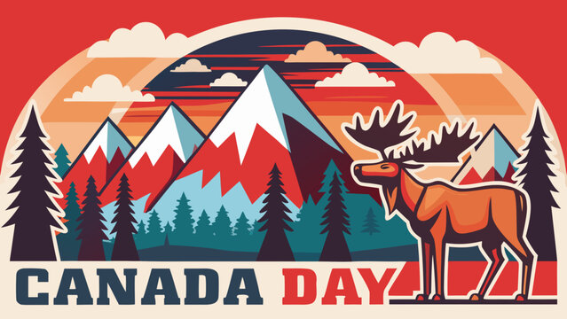 Retro Canada Day Poster Featuring Bull Moose and Rocky Mountains Wilderness Landscape