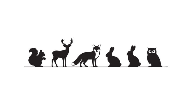 Forest animals wildlife icon set including squirrel deer stag fox pair rabbits and wise owl black silhouette shapes.