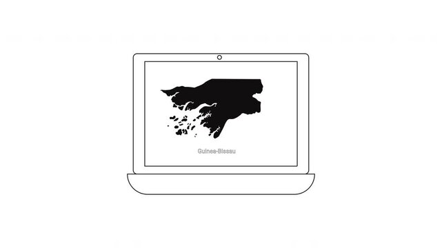 Laptop displaying a map of Guinea-Bissau with a stylized leaf design.