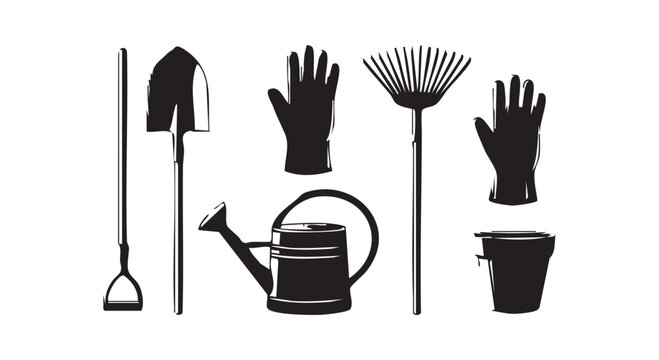 Gardening equipment icons silhouette collection featuring shovel rake watering can hand gloves and planter bucket on white.