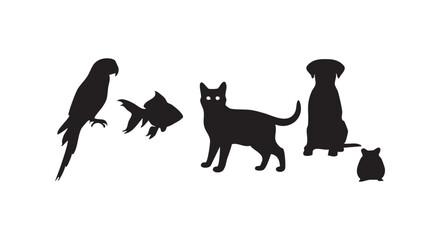 Obraz na płótnie Canvas Group of popular household pets in black silhouettes including parrot goldfish cat dog and small hamster for design.