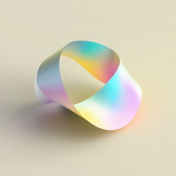 Three dimensional iridescent ribbon twists into a Mobius strip shape on a light background.