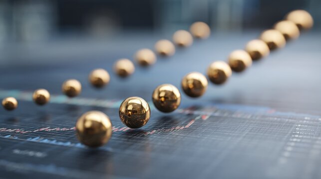 Shiny metallic spheres ascend along a path superimposed over financial data charts