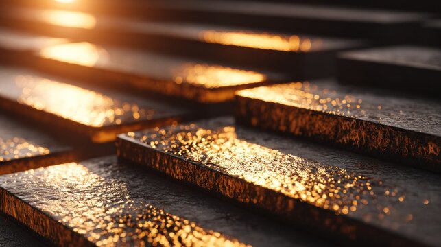 Row of dark, textured rectangular objects reflects brilliant warm light in a close up view.