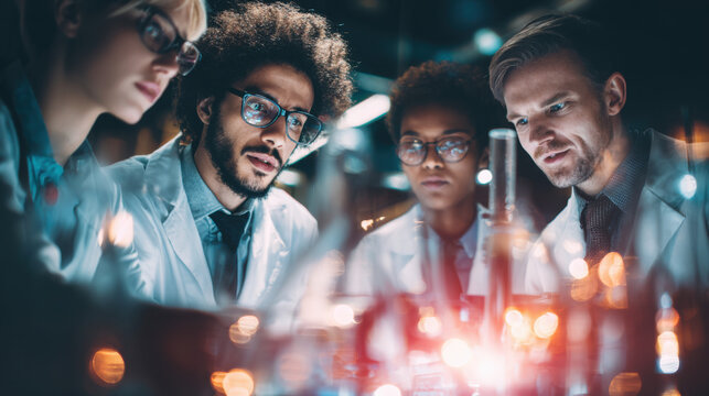 Dedicated research team working together in a high-tech laboratory, intently observing a glowing scientific experiment, symbolizing progress and innovation in technology development