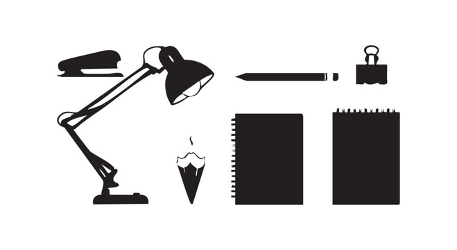 Office supply silhouettes including desk lamp stapler notebook pencil binder clip and pencil sharpener vector illustration.