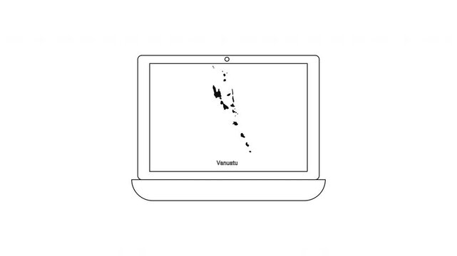 Laptop displaying a map of Vanuatu islands in a minimalist line art style.
