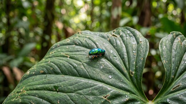 A vibrant metallic jewel beetle resting on a large textured green leaf captured in this detailed close up forest photograph