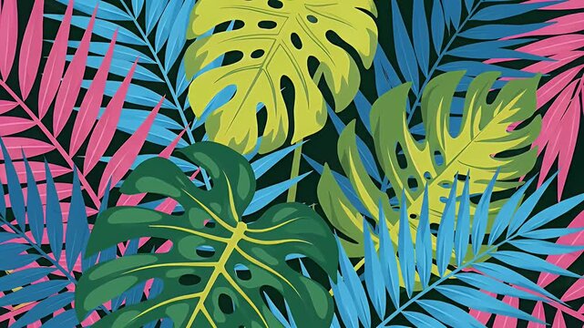 Vibrant tropical foliage in shades of pink, green, blue, and yellow