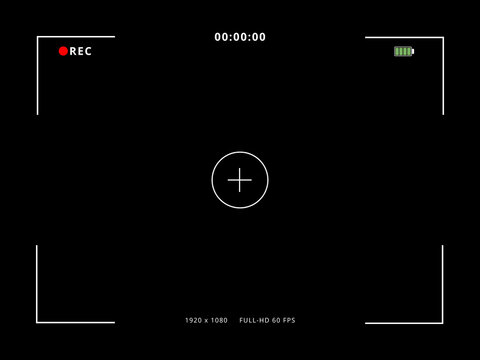 Camera viewfinder overlay screen with focus brackets, rec indicator, full HD 1080p 60fps text, and battery icon on black background. Video recording interface template without grid lines.