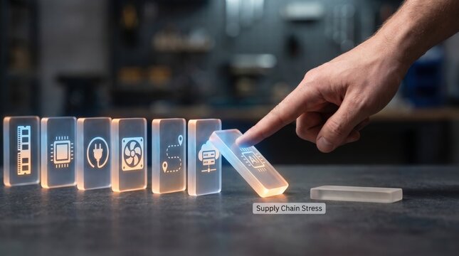 AI Hardware Supply Risk - A hand stops a collapsing chain of AI hardware icons at a missing link, symbolizing supply chain stress on a clean, minimal interface.