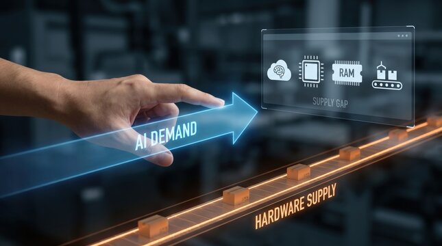 AI Hardware Supply Risk - A hand holds back rapid AI demand against slower supply lanes, illustrating a clear supply gap in a clean, minimal digital interface.