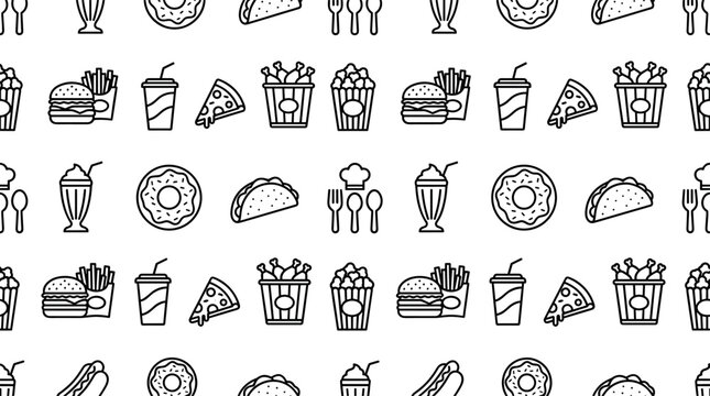 Fast food seamless pattern line icon background with burger pizza fries donut and taco vectors for restaurant menu wrapping paper packaging web design and branding backdrop
