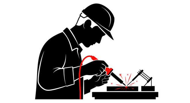 Welder working with welding equipment, sparks flying, industrial worker silhouette