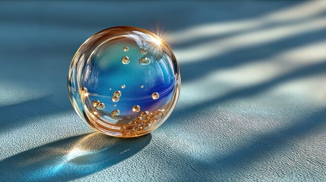 Close-up of a clear crystal ball with internal bubbles, casting shadows on a blue surface
