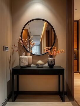 A console table with vases and a mirror in an entryway
