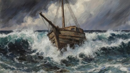 Fototapeta premium Dramatic oil painting of a wooden ship battling a tempestuous sea.