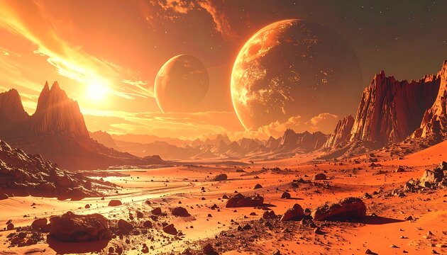 Planetary landscape with rocky terrain moons.