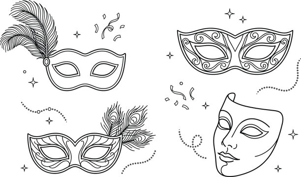 Masquerade Carnival Mask Vector Line Icon Set for Venetian Mardi Gras Party Festival and Theater Graphic Designs