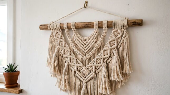 Bohemian macrame wall hanging on wooden branch, handmade cotton fiber art tapestry, boho chic home interior decoration with tassels and knots
