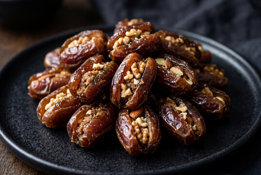 Sweet organic dates stuffed with a delicious nut filling arranged on a matte black plate