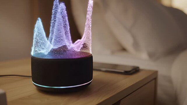 A black cylindrical device with a golden rim displays a dynamic, colorful light show on a bedside table