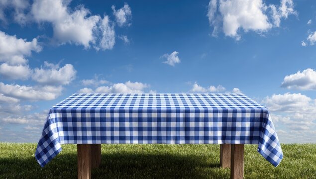 Picnic Table Covered With Blue Gingham Cloth Outdoors.