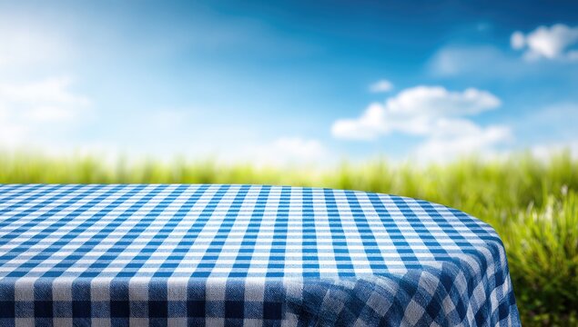 Empty Picnic Table Covered With Blue Gingham Cloth Outdoors.