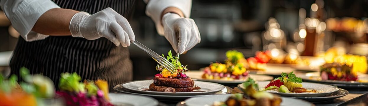 Chef meticulously garnishing a gourmet dish with fresh herbs in a professional kitchen setting.