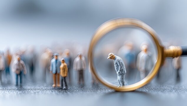 Magnifying glass focuses on a single person in a crowd of miniatures.