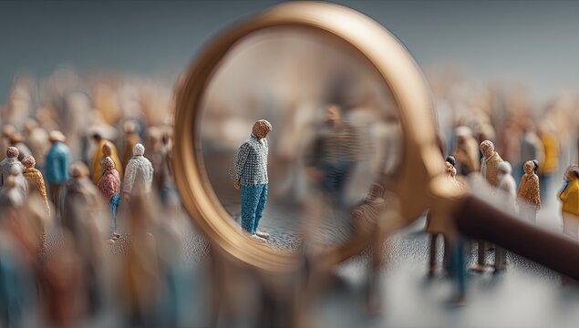 Magnifying Glass Focuses on One Person in Crowd.