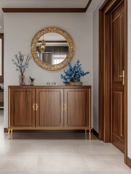 Elegant entryway with a wooden console and ornate mirror