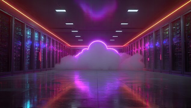 Rows of server racks bathed in neon pink and blue light, with a glowing cloud