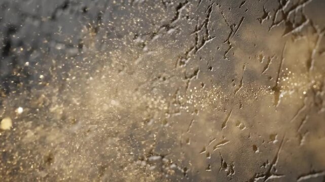 Close-up textured abstract background with rough organic patterns and subtle shimmering golden particles