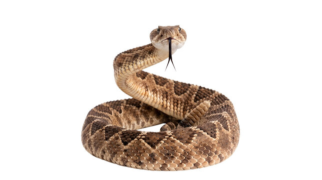 Coiled rattlesnake isolated PNG on transparent background, striking pose with rattle, dangerous reptile