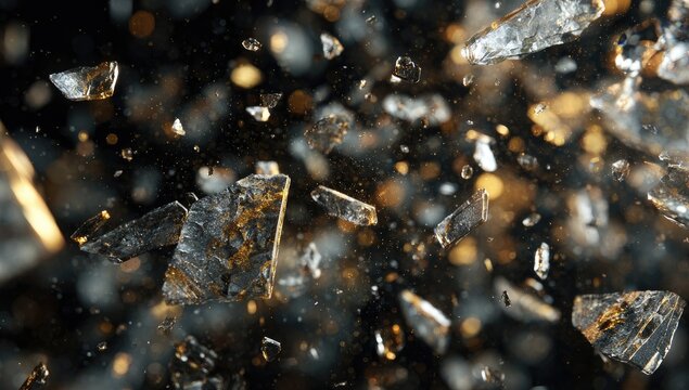 Shards of glass explode in motion, with golden light and dark bokeh