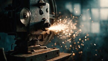 Fototapeta premium Industrial Grinding Machine Sparks Flying in Workshop.