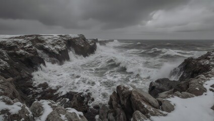 Fototapeta premium Dramatic Black and White Stormy Ocean Waves Crashing Against Rocky Shoreline.