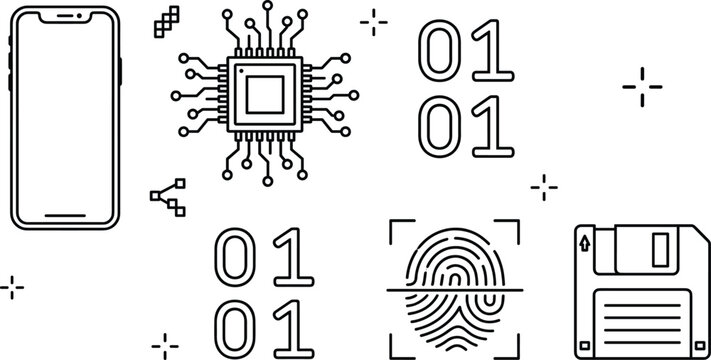 Mobile Hardware Cybersecurity and Digital Data Storage Vector Line Icon Set with Fingerprint Biometrics and Microchip Symbols