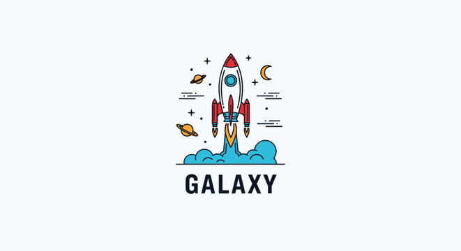 Retro style space rocket launching upwards into a galaxy filled with stars, planets, and moons above a blue cloud with text reading GALAXY.