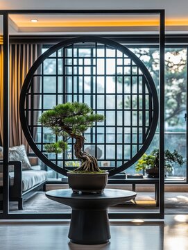 Zen-inspired living room with a bonsai tree and circular screen