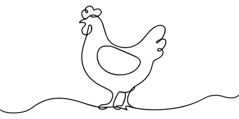 Simple one line drawing of a chicken standing in a minimalist continuous art style Vector, illustration, Continuous line art or One Line drawing of chicken for vector illustration, business farming. © line draw